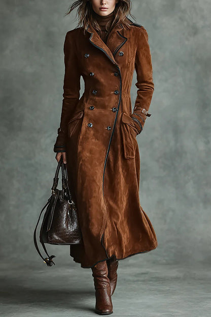 Cardydony Women's Stylish Suede Lapel Button Casual Pocket Long Trench Coat