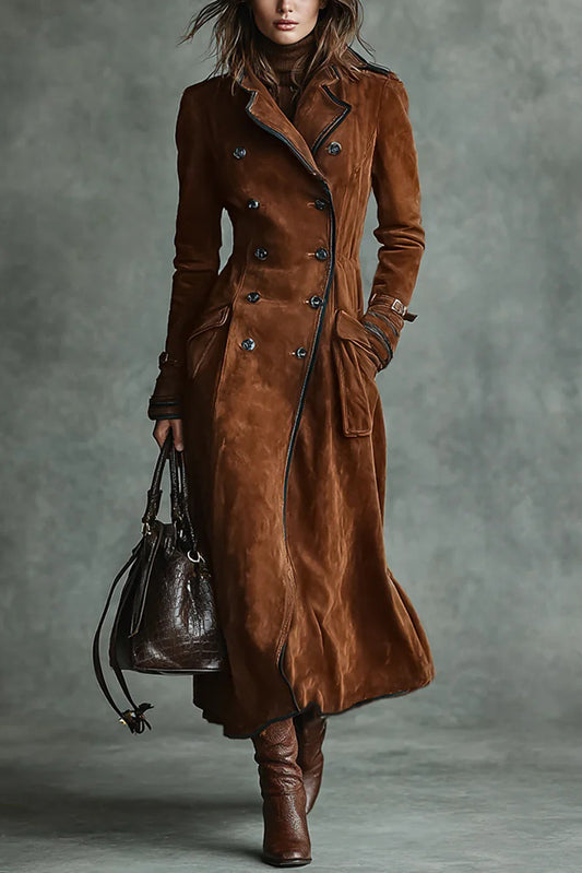 Cardydony Women's Stylish Suede Lapel Button Casual Pocket Long Trench Coat