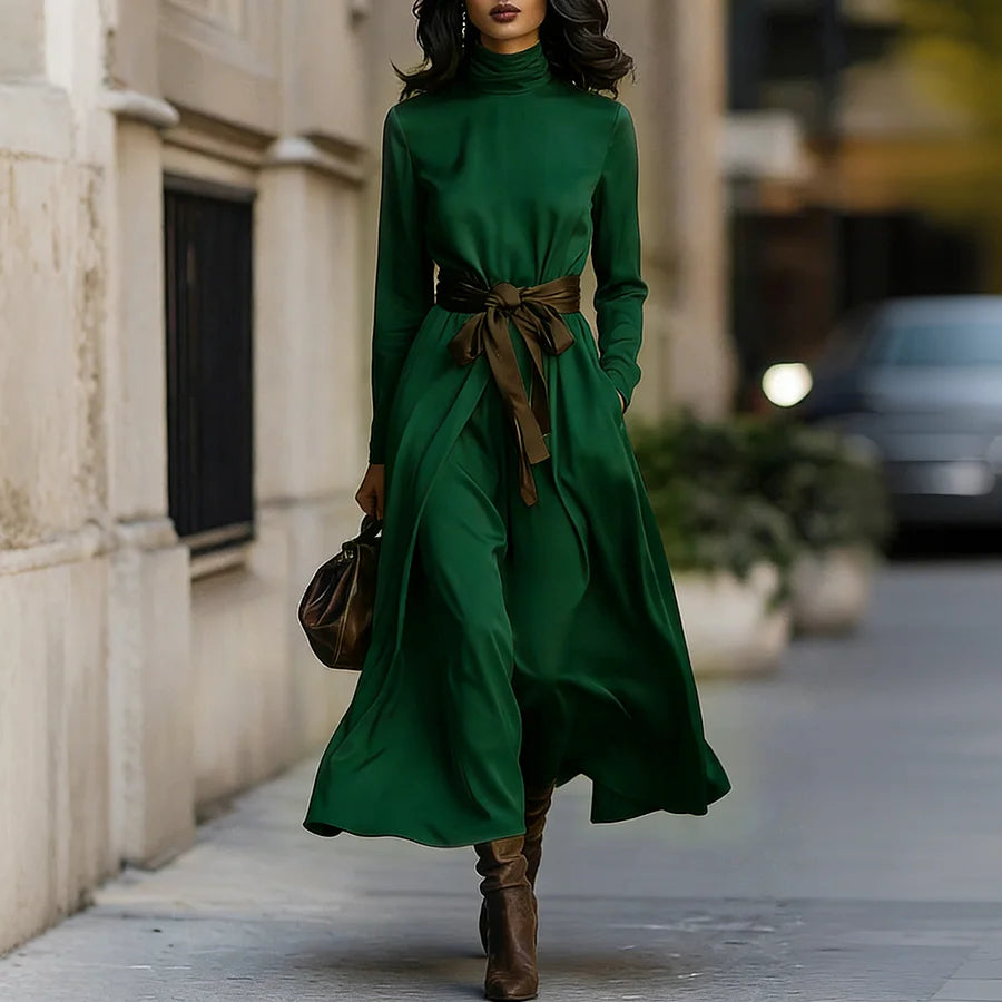 Cardydony Classy Color Blocked Belted Turtleneck Flowy Maxi Dress