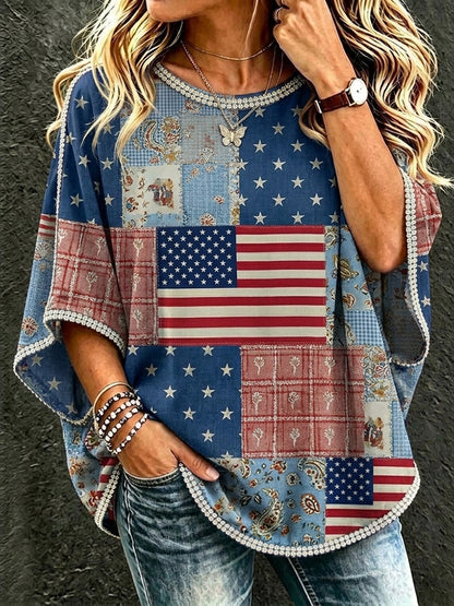 Cardydony Women's Retro Independence Day Flag Puzzle Casual Mid-sleeve T-shirt