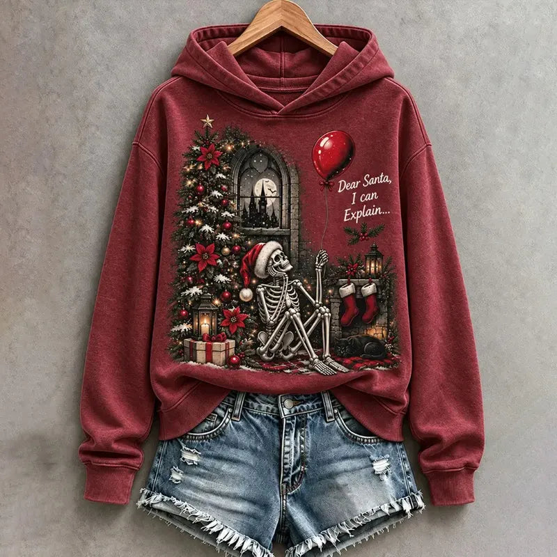 Cardydony Women's Fun Gothic Skeleton Xmas Tree Art Print Hoodie