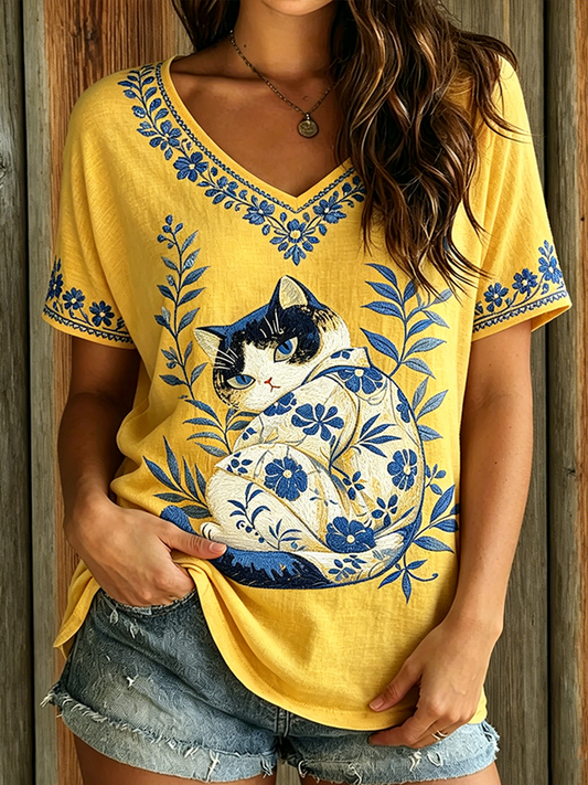 Cardydony Cat And Plant Flower Pattern Casual Washed T-shirt