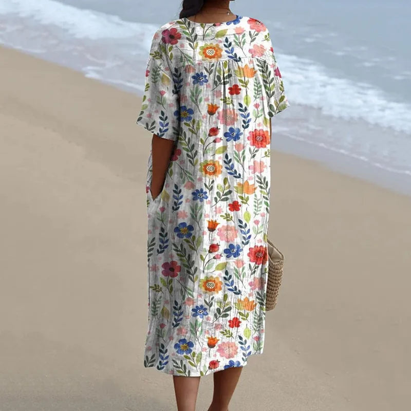 Cardydony Women's Pastoral Floral Art Print Casual Cotton Linen Dress
