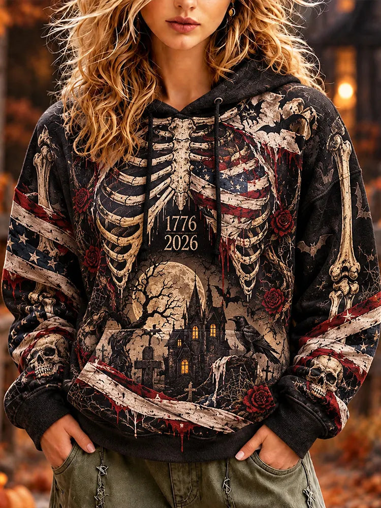 Cardydony Retro Gothic Halloween Skull American Flag Raven Castle Rose Hooded Sweatshirt
