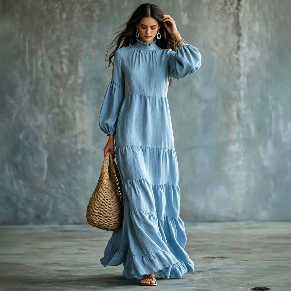 Cardydony Women's Bohemian Ruffle Neck Relaxed Fit Tiered Maxi Dress