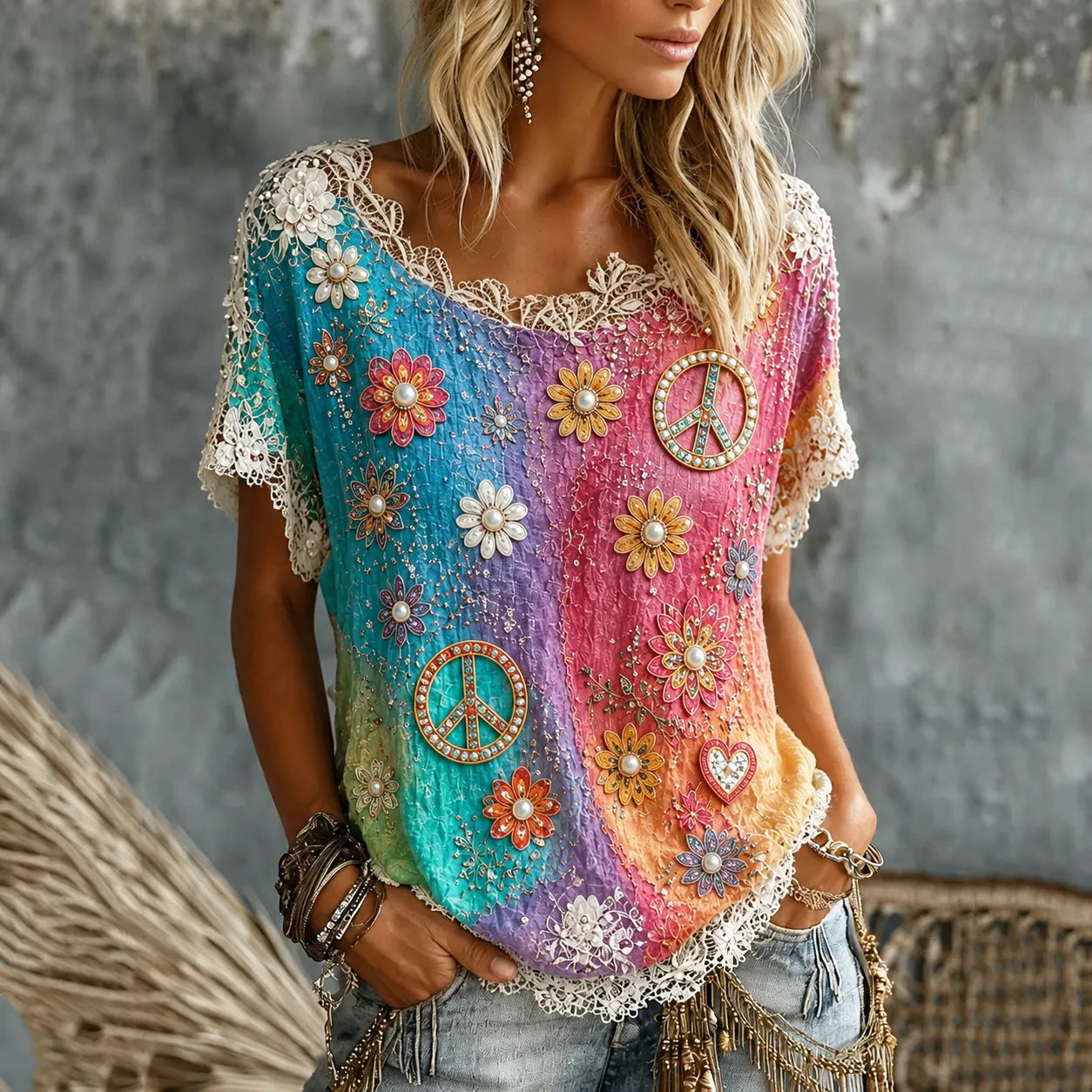 Cardydony Women's Pearl Floral Peace Sign Tie Dye Art Print Casual T-shirt
