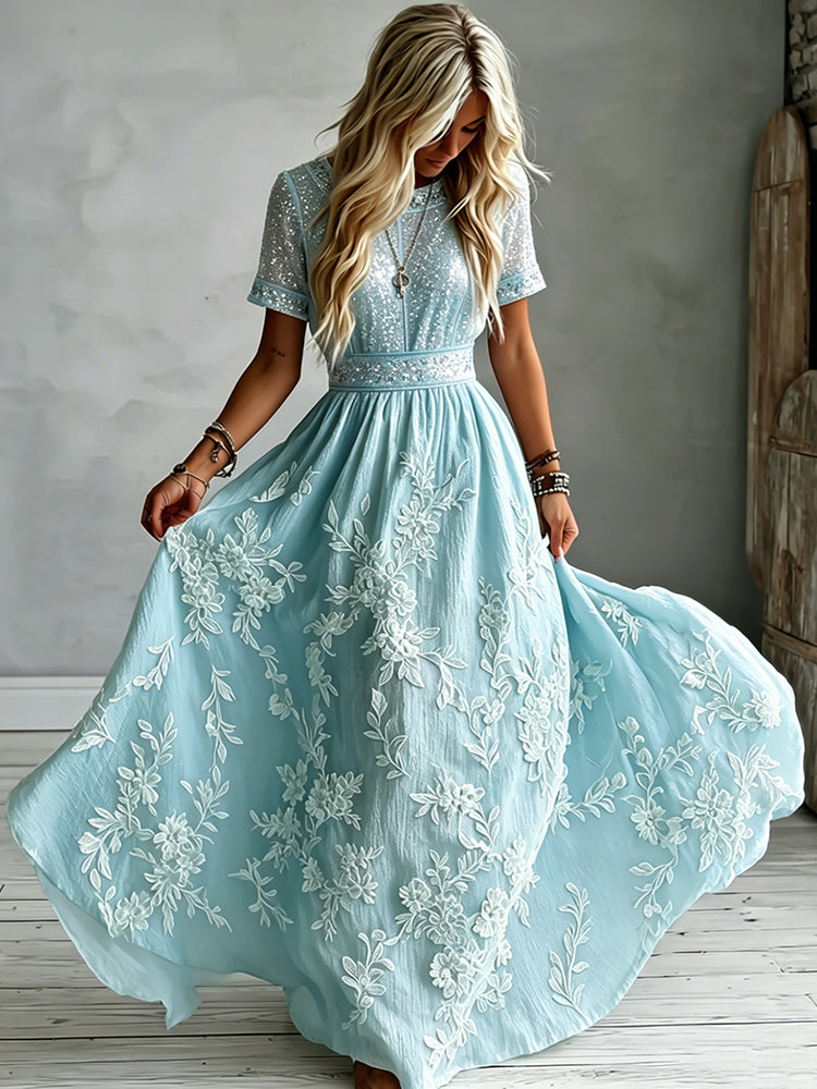 Cardydony Women's Floral Art Embroidered Linen Blend Round Neck Maxi Dress