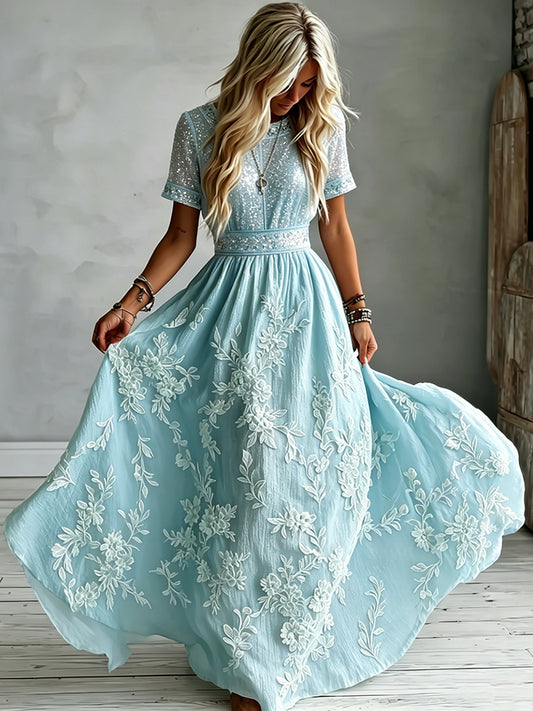 Cardydony Women's Floral Art Embroidered Linen Blend Round Neck Maxi Dress