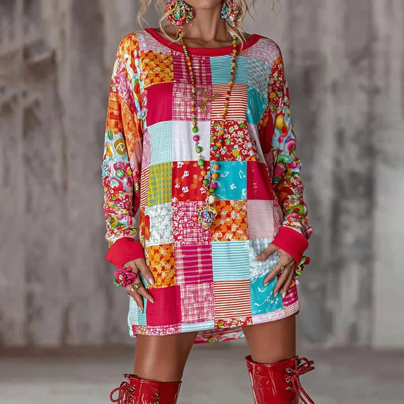 Cardydony Women's Abstract Color Block Plaid Print Mini Dress