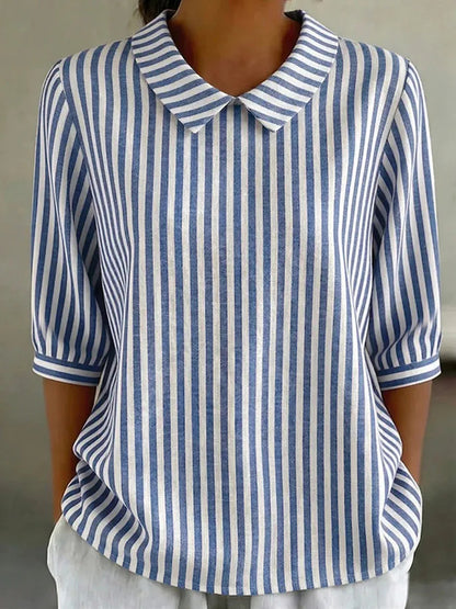 Cardydony Women's Striped Print Casual Doll Collar Linen Shirt