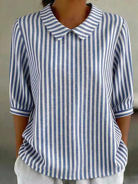 Cardydony Women's Striped Print Casual Doll Collar Linen Shirt