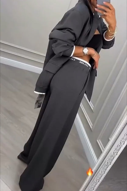 Cardydony Women's Fashion Sports Style Ribbed Colorblock Lapel Blazer and Elastic Waist Pocket Loose Pants Set
