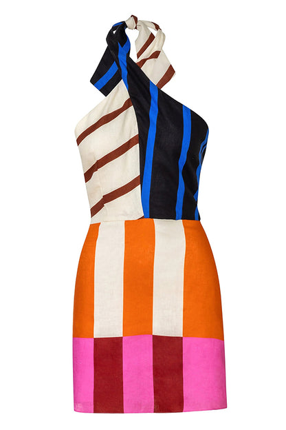 Cardydony Women's Jeniah Linen Blend Color Block Print Cross Halter Tie-up Loose Mini Dress