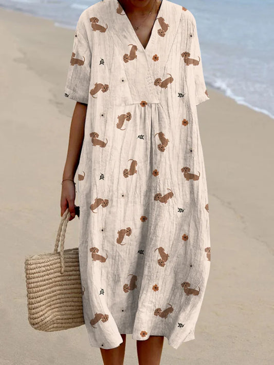 Cardydony Women's Retro Cute Dachshund Dog Art Linen Dress