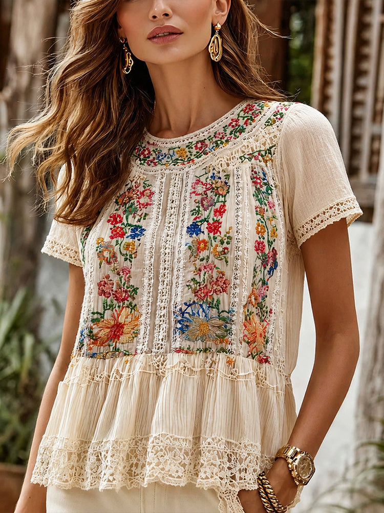 Cardydony Women's Retro Ethnic Floral Patchwork Casual T-shirt