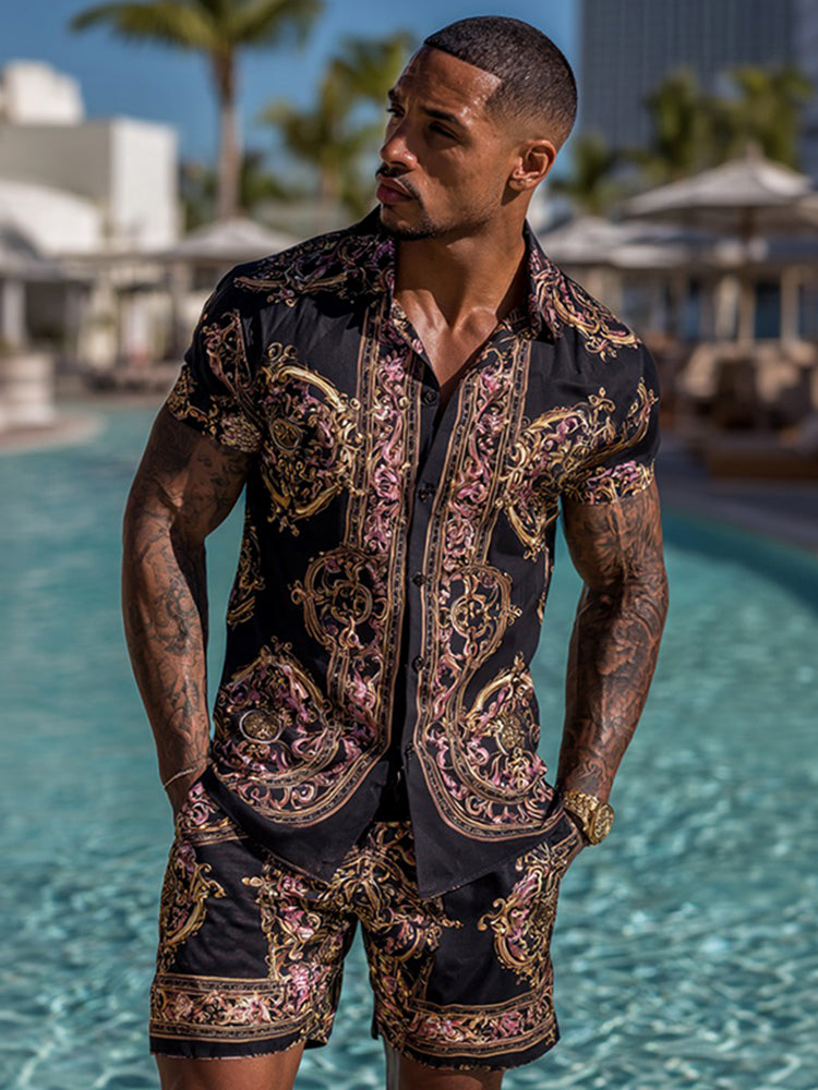 Cardydony Men's Fashion Baroque Pattern Cuban Shirt And Shorts Two-piece Set