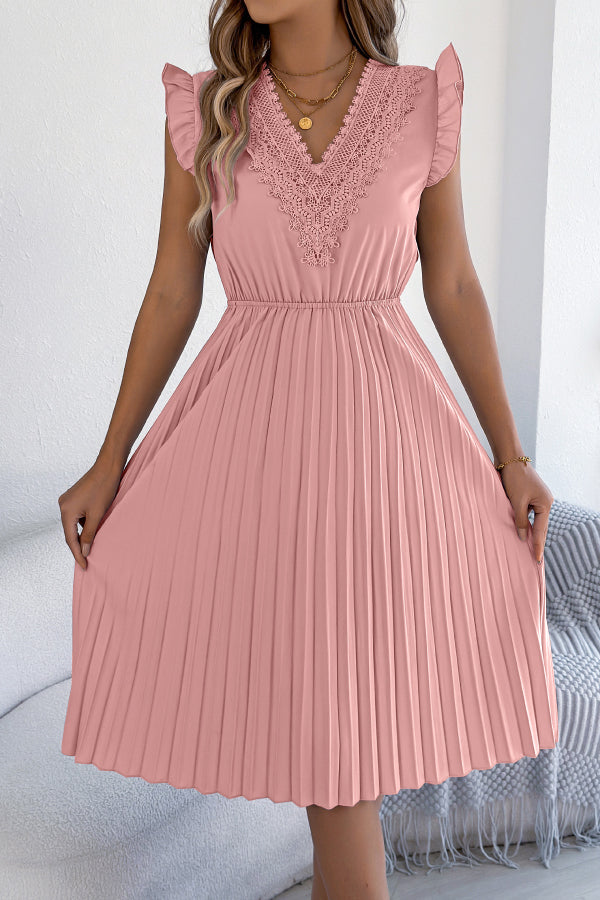 Cardydony Women's Solid Color V-neck Lace-trimmed Sleeveless Casual Pleated Midi Dress