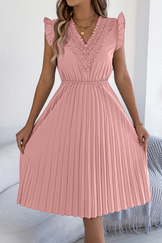 Cardydony Women's Solid Color V-neck Lace-trimmed Sleeveless Casual Pleated Midi Dress