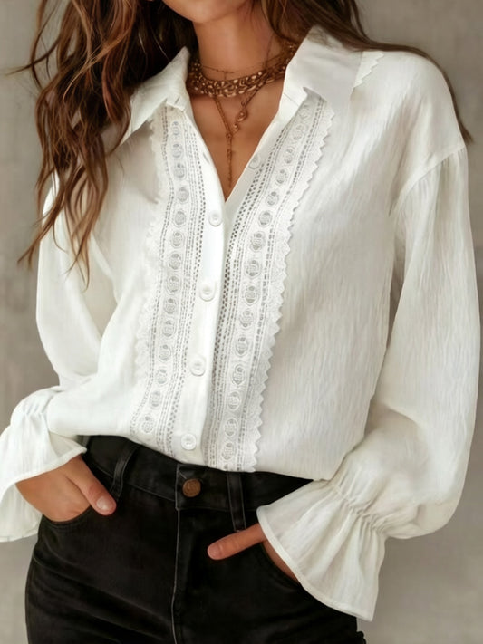 Cardydony Solid Color Lapel Single Breasted Lace Panel Long-sleeved Shirt