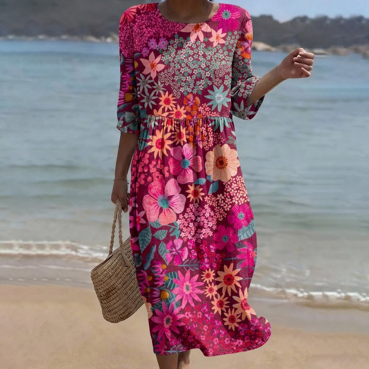 Cardydony Women's Retro Floral Pattern Casual Mid-sleeve Dress