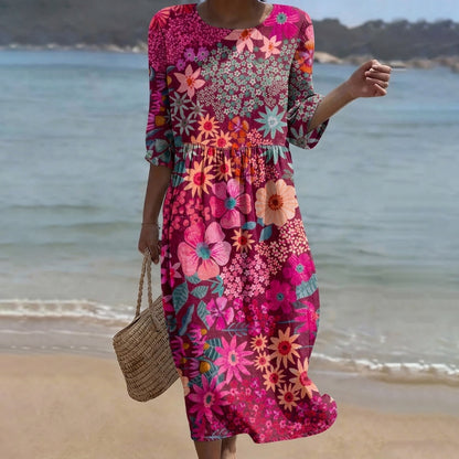 Cardydony Women's Retro Floral Pattern Casual Mid-sleeve Dress