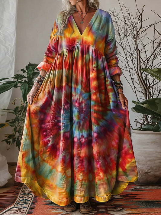 Cardyodny Women's Retro Hippie Rainbow Tie-dye Art Patterns V-neck Maxi Dress