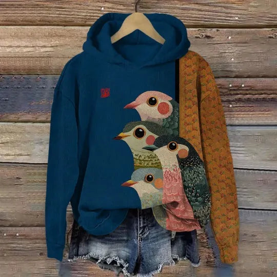 Cardydony Women's Japanese Retro Rainbow Bird Print Hooded Sweatshirt