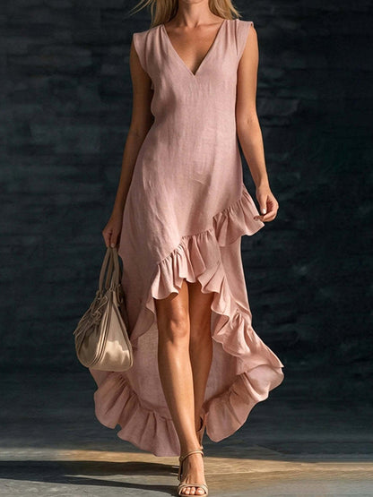 Cardydony Sleeveless V-neck Ruffled Hem Linen Dress