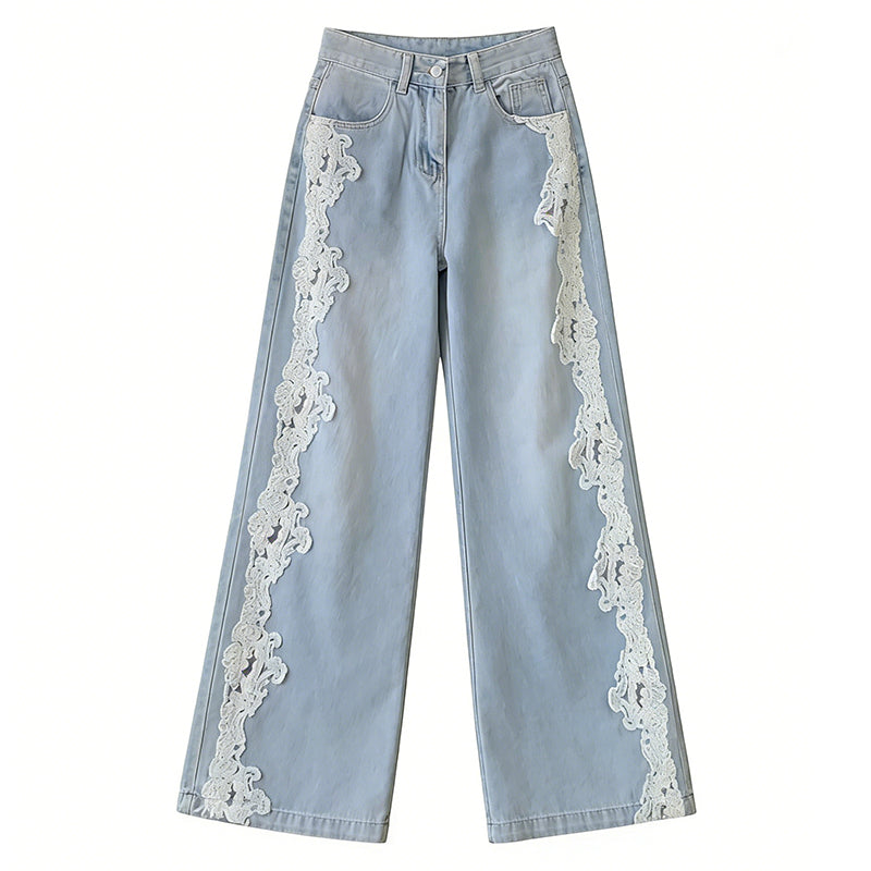 Cardydony Vintage Bohemian Lace-paneled Distressed Washed Denim Jeans