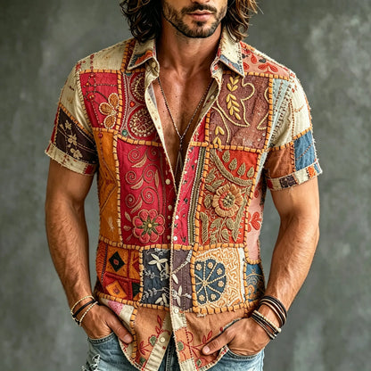 Cardydony Men's Retro Bohemian Hippie Style Floral Patchwork Embroidered Print Short-sleeve Shirt