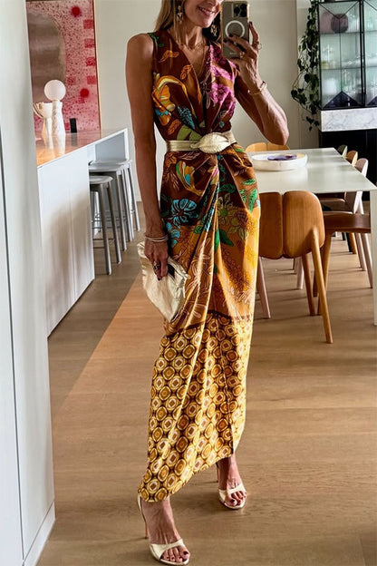 Cardydony Women's Naturally Inspired Satin Unique Floral Print Twist Waist Slit Drape Maxi Dress