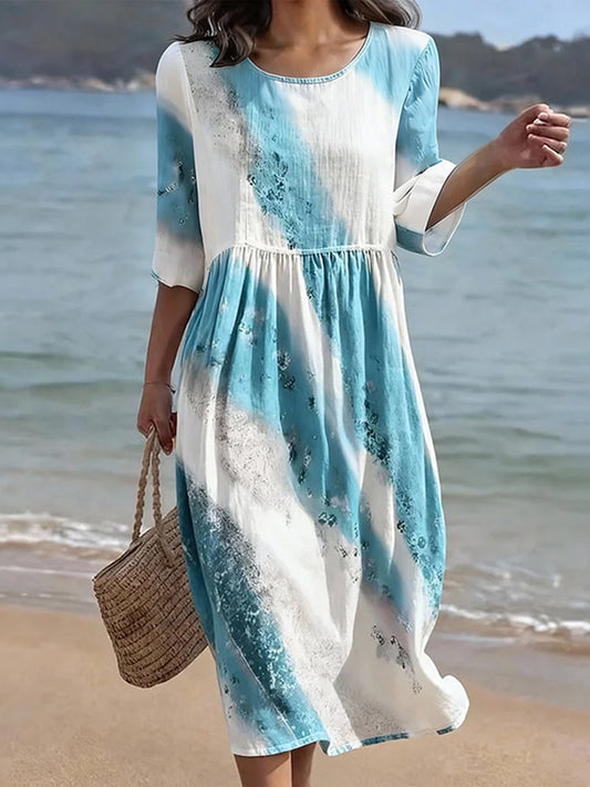 Cardydony Vintage Color-block Printed Art Pattern Linen Blend Loose Three-quarter Sleeve Dress