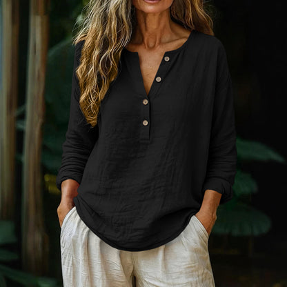 Cardydony Casual Solid Linen Long-sleeved Half-button Shirt