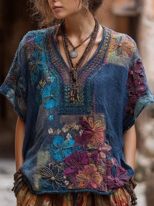 Cardydony Bohemian-style Patchwork Multi-colored Flower Three-dimensional Embroidery V-neck Short-sleeved Shirt
