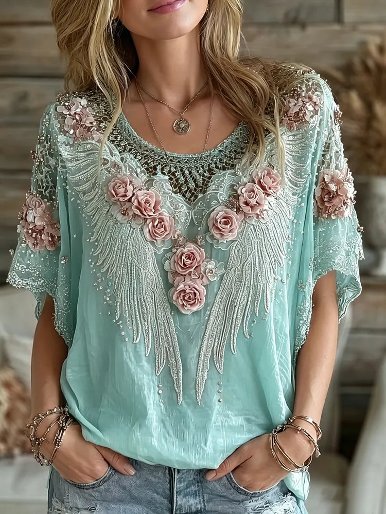 Cardydony Women's Vintage Pink Floral Wing Art Linen Blend Tops