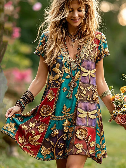 Cardydony Women's Retro Bohemian Dragonfly And Floral Pattern Casual Dress