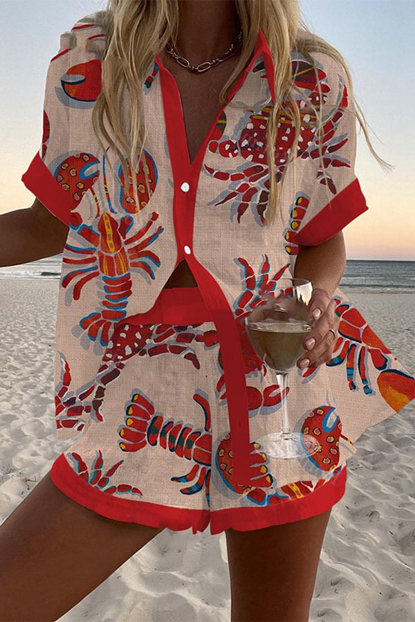 Cardydony Women's Lobster and Crab Print Loose Button Elastic Waist Shorts Set