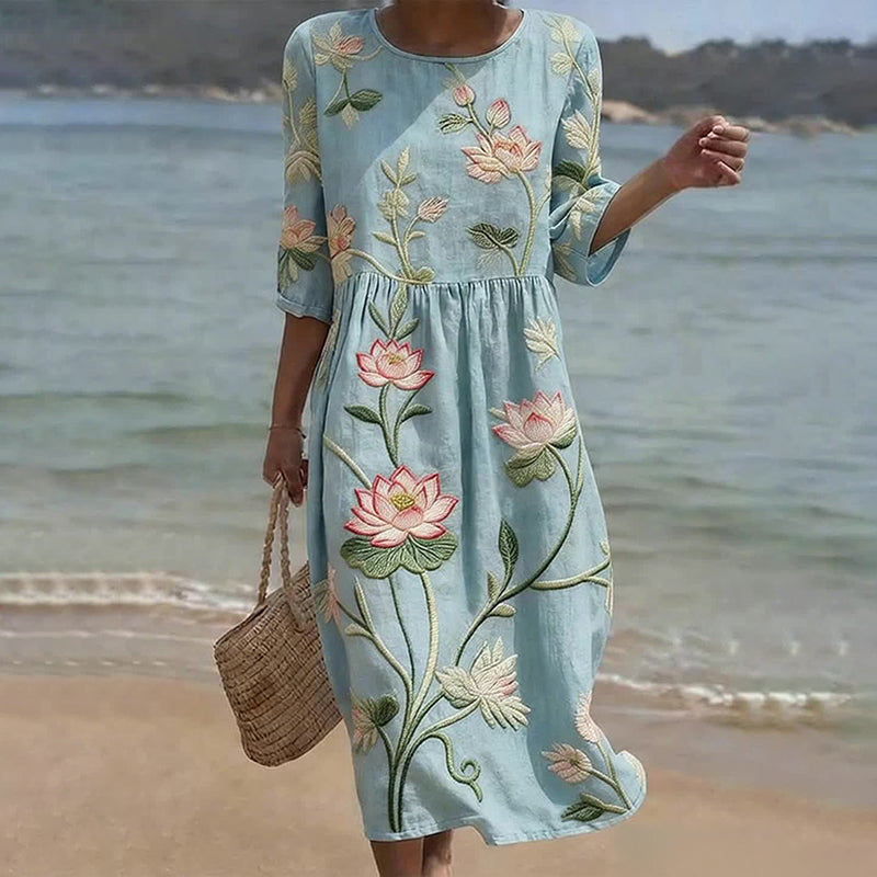 Cardydony Vintage Lotus Art Pattern Linen Blend Loose Three-quarter Sleeve Dress
