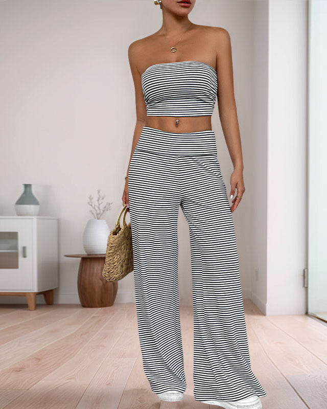 Cardydony Women's Women's Striped Two-Piece Set | Tube Top & Wide Leg Pants