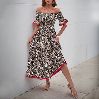 Cardydony Women's Leopard Print Off-Shoulder Maxi Dress | Smocked Boho Dress