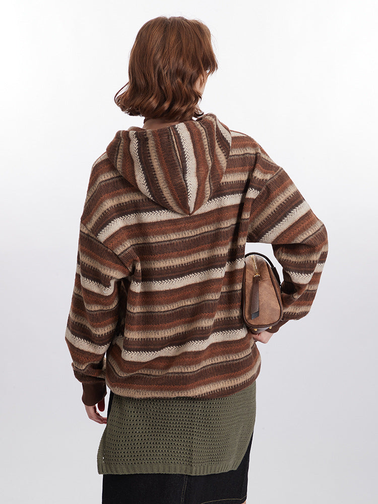 Cardydony Women's Vintage Striped Knitted Hooded Jacket