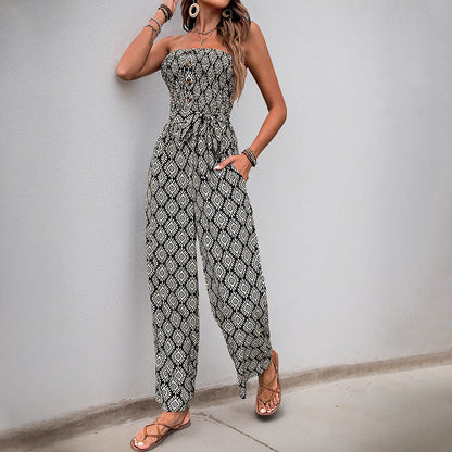 Cardydony Women's Strapless Wide-Leg Jumpsuit | Boho Smocked Summer Romper