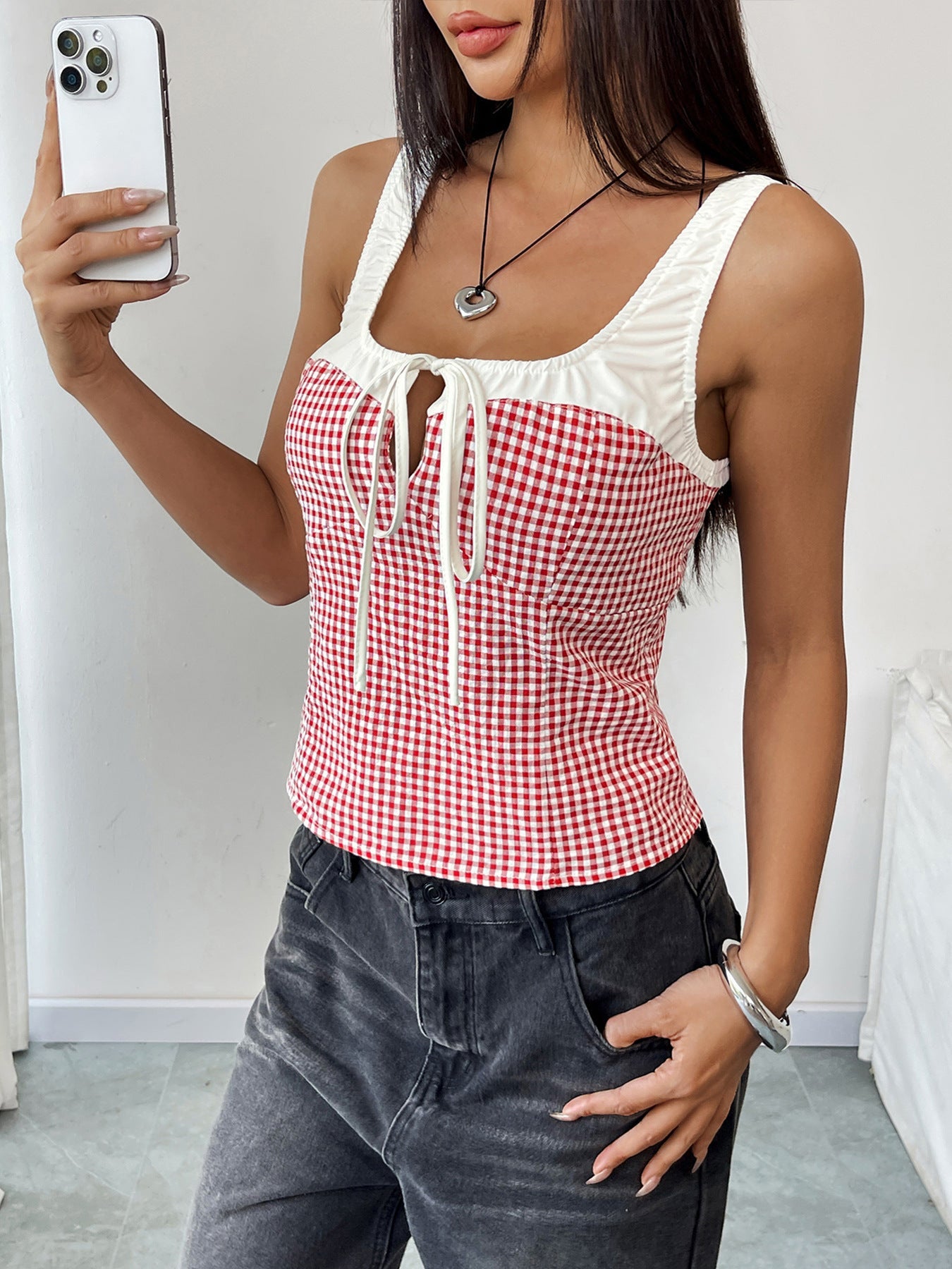 Cardydony Women's Gingham Bow Tie Tank Top | Vintage-Inspired Sleeveless