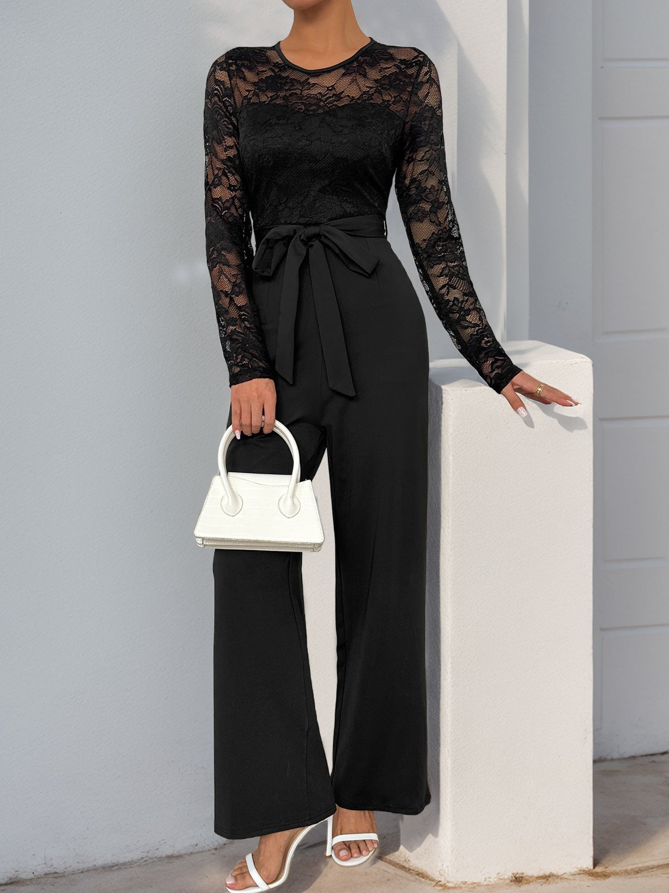 Cardydony Women's Lace Sleeve Jumpsuit | High Waist Wide Leg One-Piece
