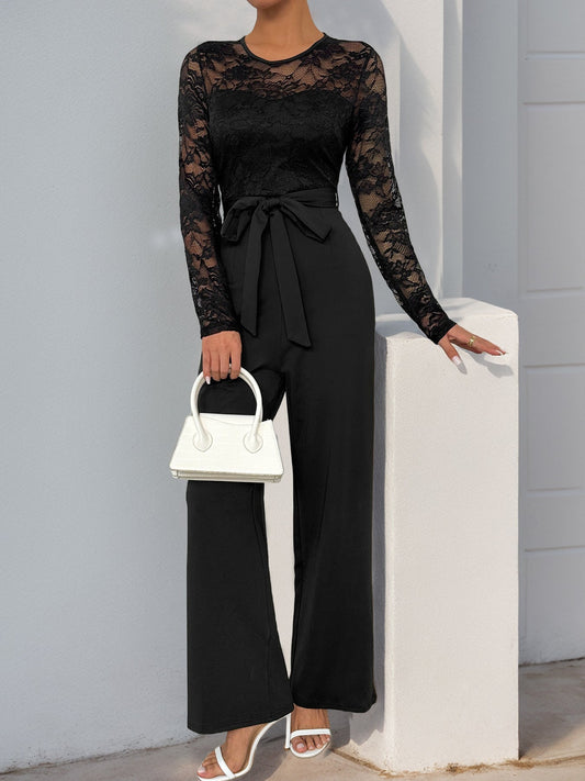 Cardydony Women's Lace Sleeve Jumpsuit | High Waist Wide Leg One-Piece