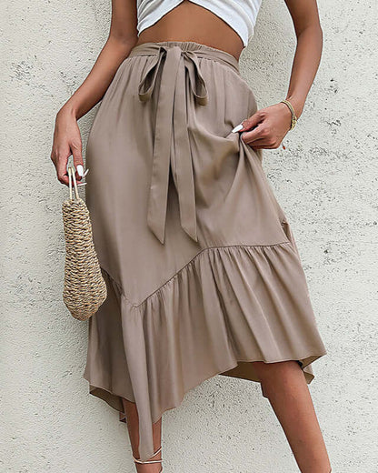 Cardydony Women's Ruffled High Waist Midi Skirt | Asymmetrical Hem Flowy Skirt