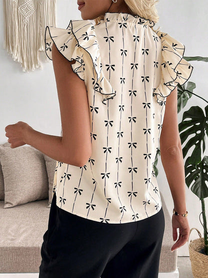 Cardydony Women's Short Sleeve Bow Print Blouse - Ruffle Sleeves Casual Top