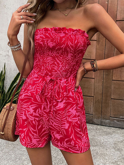 Cardydony Women's Strapless Smocked Romper | Tube Top Drawstring Jumpsuit
