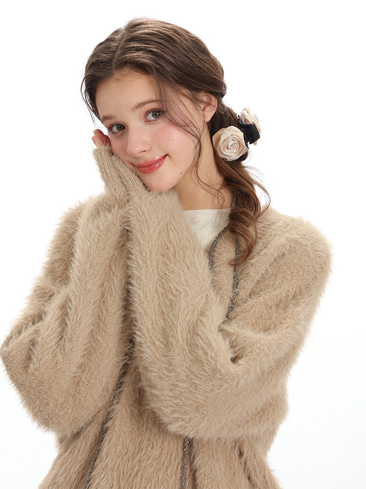 Cardydony Women's Fluffy V-Neck Sweater | Soft Fuzzy Winter Pullover