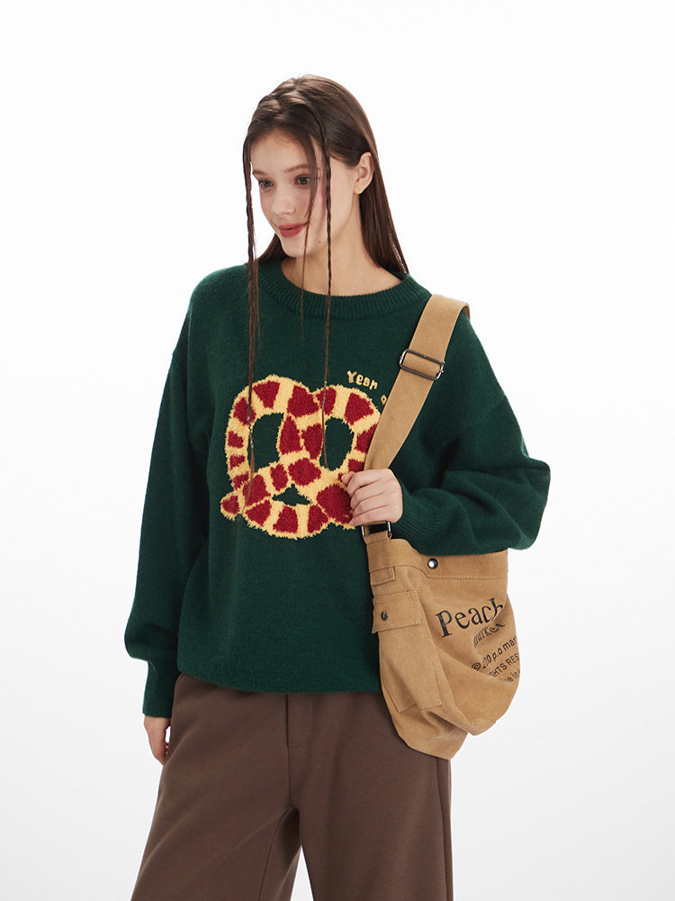 Cardydony Women's Retro Pretzel Embroidered Sweater | Oversized Pullover
